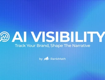 Blauer Farbverlauf mit weißem Logo, Überschrift AI VISIBILITY und Unterzeile Track Your Brand, Shape Narrative, by RankMath.