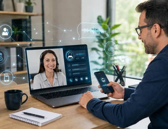 Mann sitzt am Tisch, Smartphone in der Hand; Laptop zeigt Videoanruf-Fenster mit Frau; Pflanze, Notizblock und Kaffeetasse.