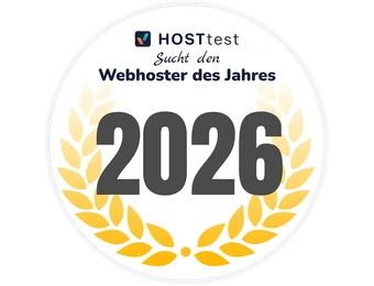 Weißer runder Badge mit goldenen Lorbeerblättern, großer Zahl 2026, Text HOSTtest sucht den Webhoster des Jahres.