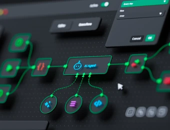 Dunkles UI-Dashboard mit grün leuchtenden Verknüpfungen, zentraler blauer Block und vernetzten runden Symbolen.
