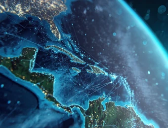 Erde aus dem Weltraum, Küsten Europas und Afrikas, Ozean, blau leuchtendes Liniennetz über dem Wasser.