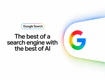 Weißer Hintergrund; links Text 'The best of a search engine with the best of AI' und kleines Google Search-Logo; rechts ein großes, farbiges G-Symbol mit Verlauf.
