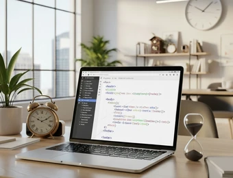 Laptop mit Programmiercode auf dem Bildschirm auf einem Schreibtisch; daneben Wecker, Sanduhr, Pflanze, Fenster mit Stadtblick.