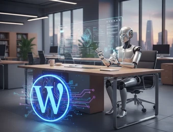 Roboter sitzt an Schreibtisch im Büro, vor holografischen Monitor-Feldern; leuchtendes W-Logo am Tisch.