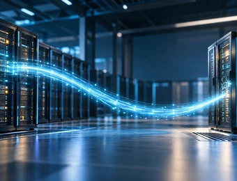 Reihen von Server-Racks in einem Rechenzentrum; eine blaue Lichtspur spannt sich zwischen ihnen über den glatten Boden.