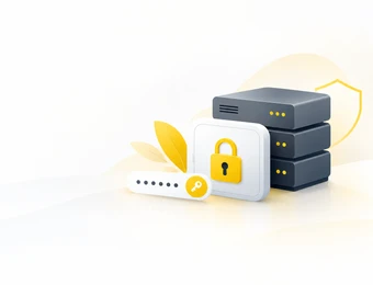 Dunkle Serverracks neben einer weißen Karte mit gelbem Schloss; Passwortfeld mit Punkten und Schlüssel-Symbol.