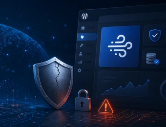 Blaues Sicherheitsbild: gecracktes Schild-Symbol, Vorhängeschloss, Warnsymbol und Diagramm-Icons auf einer Dashboard-Oberfläche.