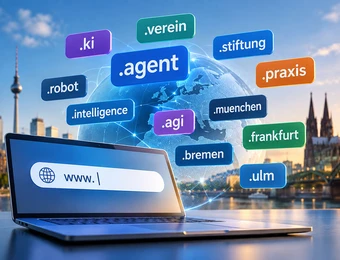 Laptop mit Suchleiste, Globus im Hintergrund, bunte Tags wie .agent, .robot, .intelligence, .praxis.