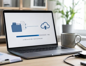 Laptop auf Holztisch zeigt Diagramm eines Dateitransfers zur Cloud; rechts Kaffeetasse, Notizblock, Stift, USB-Hub.