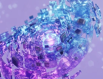 Eine spiralförmige Konstruktion aus transparenten, bläulich-violetten Platten mit leuchtenden Pixeln vor lila Hintergrund.