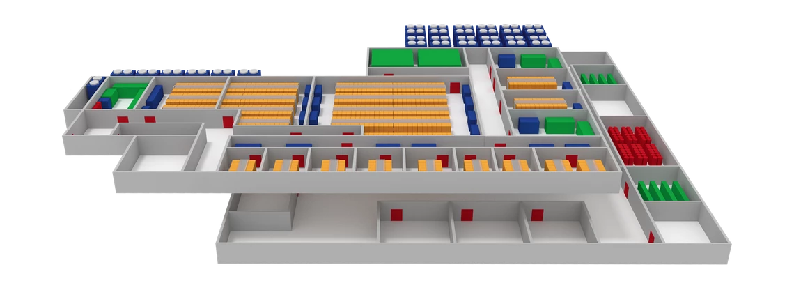 Isometrische Draufsicht eines Supermarkt-Grundrisses mit Regalen, Gängen und farbigen Bereichen.