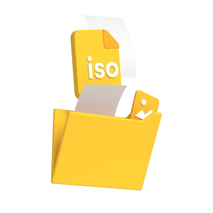 Gelber Ordner mit ISO-Datei-Symbol und sichtbaren Dokumenten.