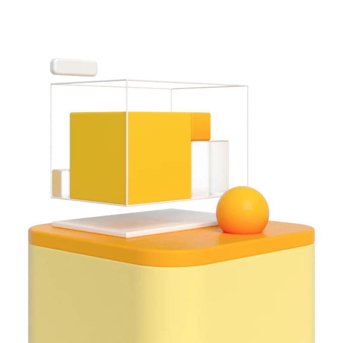 Transparentes Regal mit gelben Quadern auf einer orangen Basis; daneben eine orange Kugel.