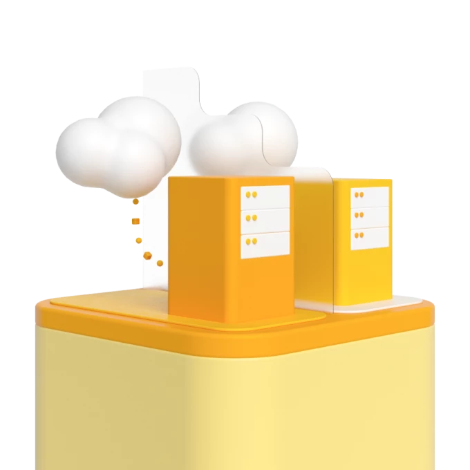 Orangener Sockel mit zwei gelben Servergehäusen, weiße Türen mit gelben Knöpfen; weiße Wolken hinter den Servern.