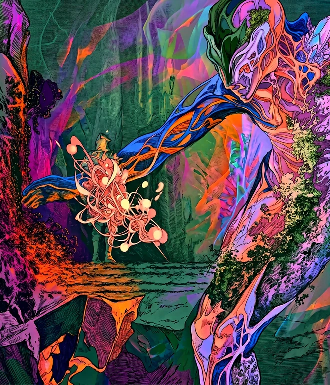 Neonfarbige Komposition mit einer großen, länglichen Figur rechts und einer kleineren pinken Form links vor bunter Landschaft.