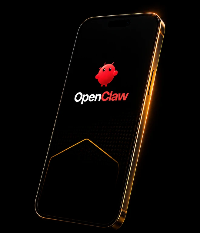 Smartphone zeigt auf dunklem Bildschirm das OpenClaw-Logo mit rotem Oktopus-Symbol.
