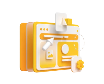 Isometrisches UI-Icon-Set in Gelb-Orange: mehrere Bildschirme, Notizblätter, Stift, Bildminiatur und Zahnrad.