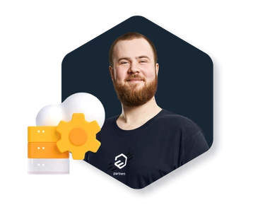 Mann mit Bart vor dunklem Hintergrund; im Vordergrund gelbes Zahnrad-Symbol und orange-weiße Server-/Kachel-Grafik.