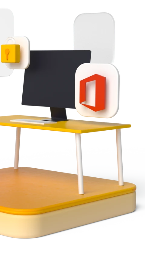 Gelber Tisch mit schwarzem Monitor, Pflanze im gelben Topf rechts, Kopf mit Brille links, weiße Blockformen im Hintergrund.