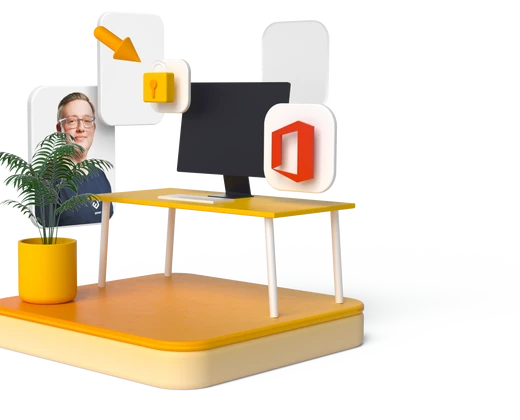 Gelber Tisch mit schwarzem Monitor, Pflanze im gelben Topf rechts, Kopf mit Brille links, weiße Blockformen im Hintergrund.