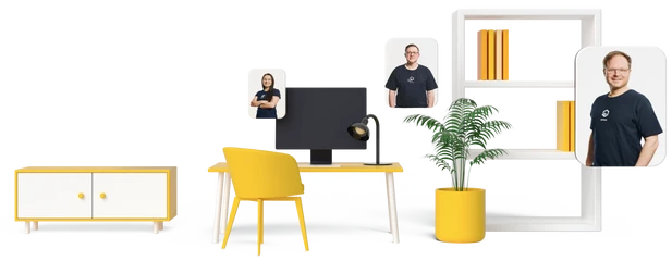 Mehrere Personen in dunkelblauem T-Shirt stehen um einen gelb-weißen Schreibtisch mit gelbem Stuhl, Regalen und Pflanze.