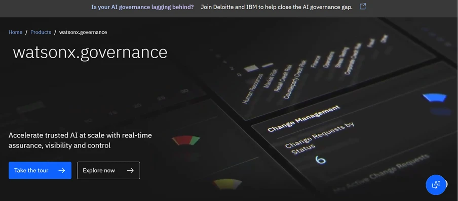 Dunkles Dashboard-Screen von watsonx.governance mit Überschrift, Textzeile, Kacheln und zwei Buttons.