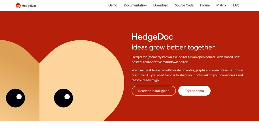 Roter Banner mit zwei beigen Kreisen und schwarzen Augen links; rechts HedgeDoc-Logo, Überschrift, Text und zwei Buttons.