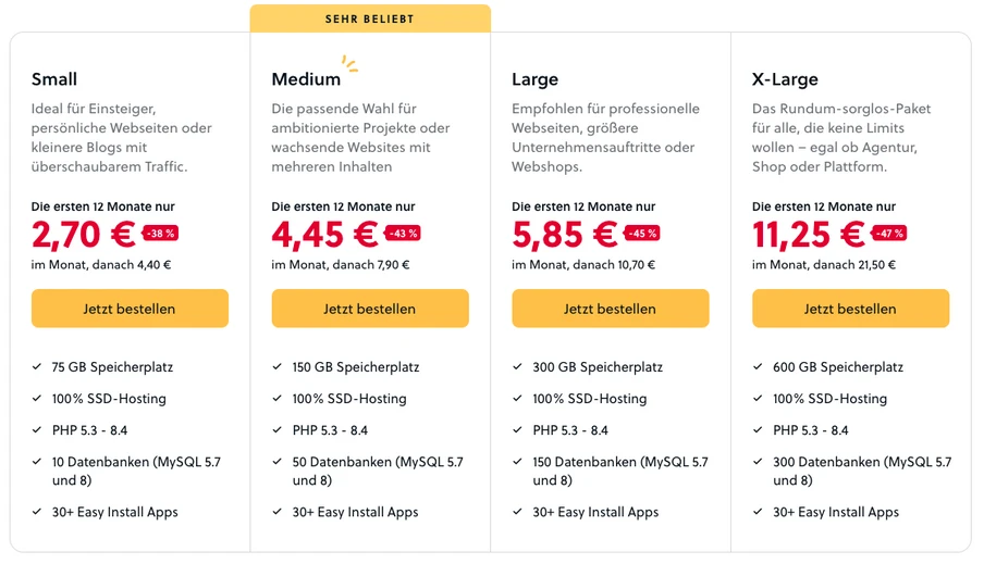 Vier Preispläne als Karten: Small, Medium (mit SEHR BELIEBT-Badge), Large, X-Large; gelbe Buttons 'Jetzt bestellen'.