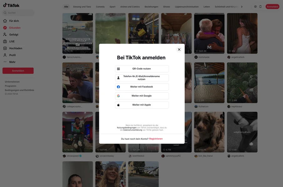 Anmeldefenster bei TikTok anmelden über Startseiten-Thumbnail-Galerie; Login-Optionen: QR-Code, Telefon/Email, Facebook.