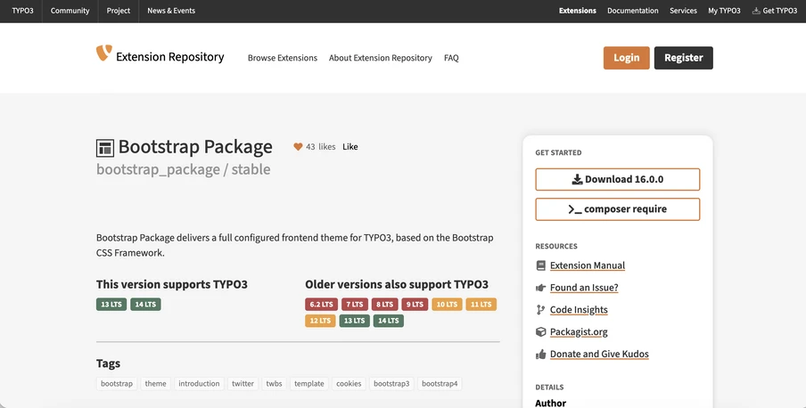 Screenshot einer TYPO3-Extension-Seite: Bootstrap Package-Seite mit Versionsinfos, Tags und rechter Download-Sidebar.