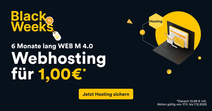 Dunkles Werbebanner mit gelbem Akzent: Text Black Weeks, Webhosting für 1,00€, Button Jetzt Hosting sichern, Laptop rechts.