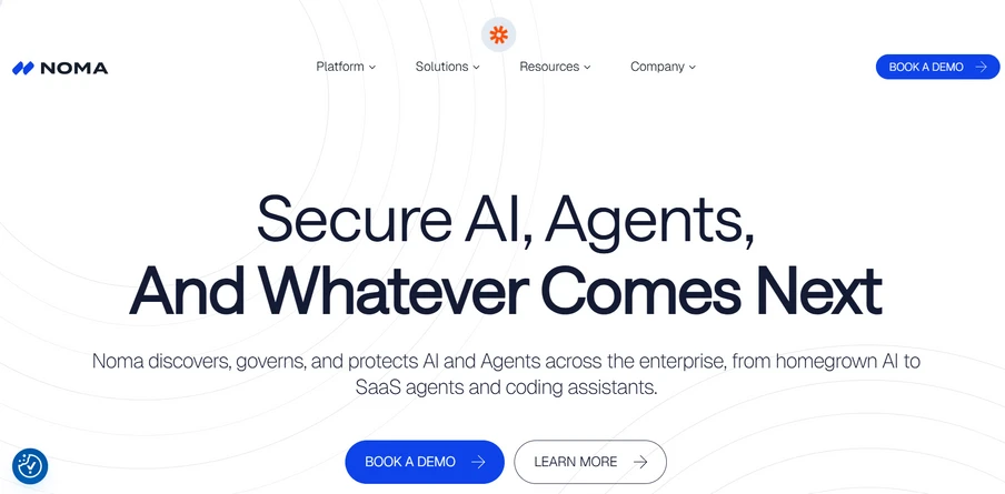 NOMA-Header mit Logo, Menü, Haupttitel 'Secure AI, Agents, And Whatever Comes Next' und blauem 'BOOK A DEMO'-Button.