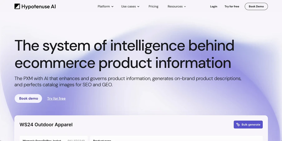 Screenshot einer Hypotenuse AI-Webseite mit Logo, großer Überschrift, Buttons 'Book demo' und 'Try for free' auf blauem Verlauf.