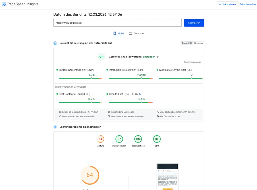 Screenshot der PageSpeed Insights-Seite mit URL-Eingabe, Analysieren-Button und Core Web Vitals-Diagrammen (grüne Balken).