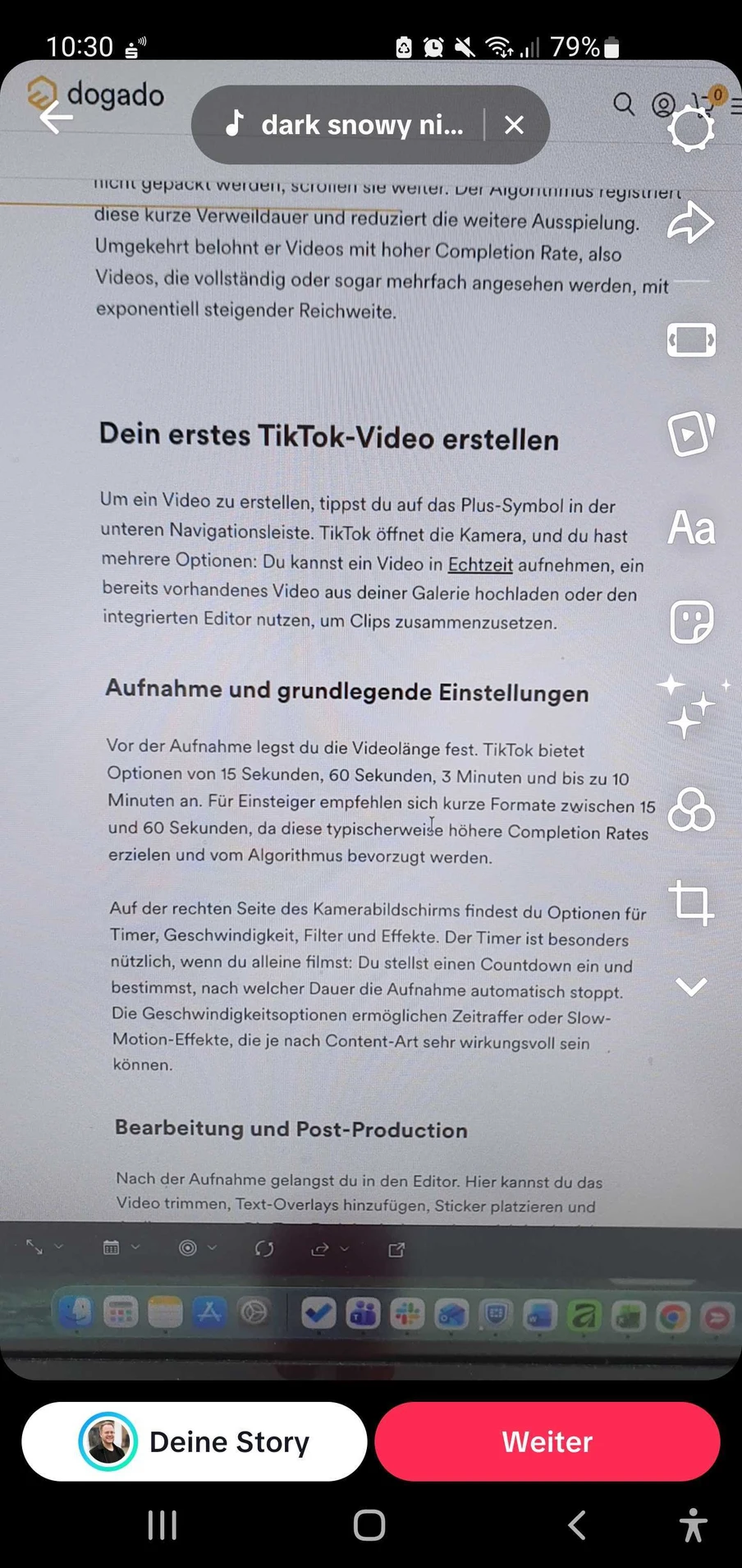 Smartphone-Bildschirm mit weißem Overlay, das TikTok-Videoerstellung erklärt; unten Buttons 'Deine Story' und 'Weiter'.
