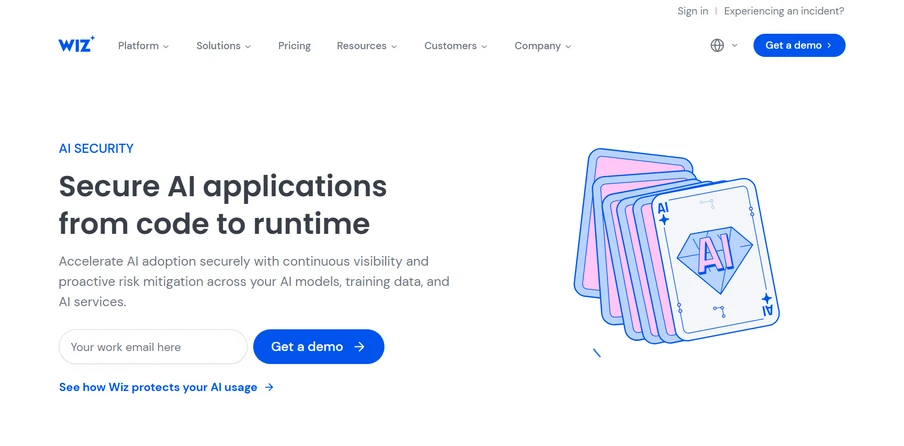 Weiße Seite mit WIZ-Logo oben links; Linke Spalte: 'AI SECURITY' und 'Secure AI applications from code to runtime'; rechts AI-Karten-Illustration; blauer Button 'Get a demo'.