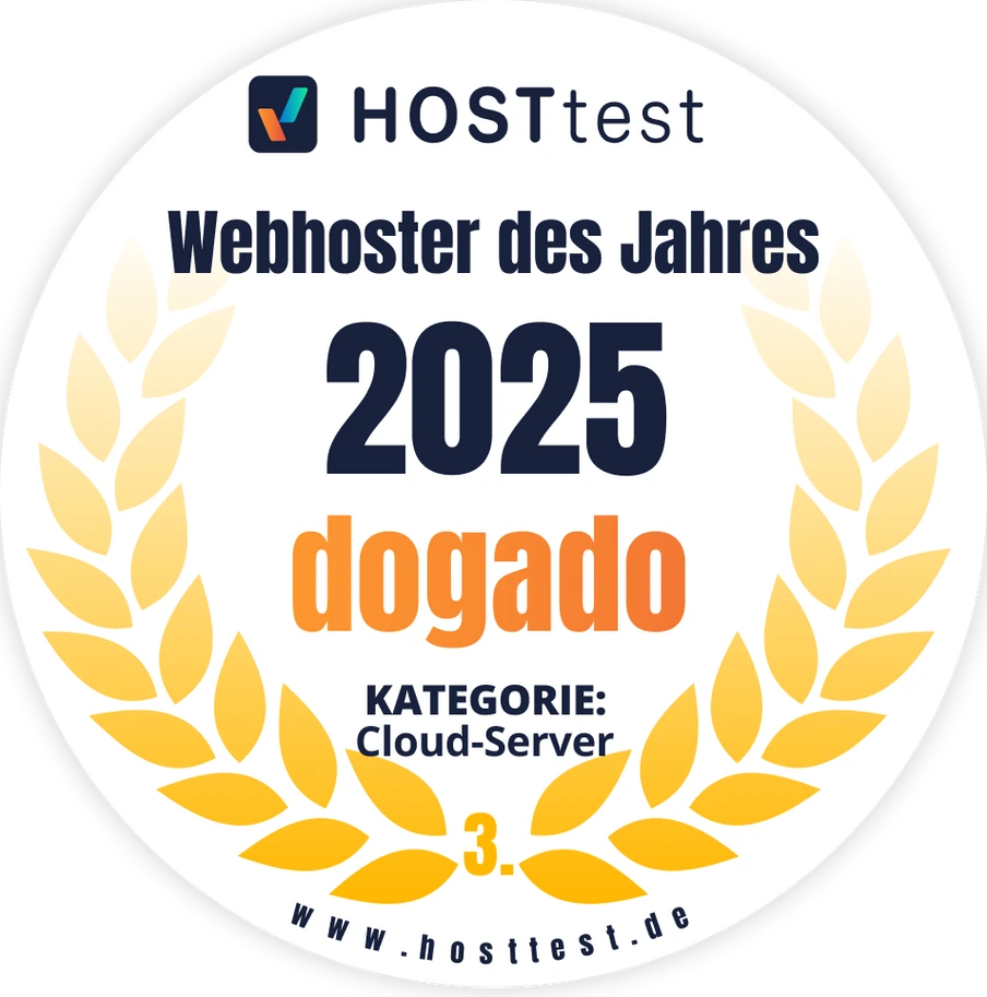 Runder Badge mit HOSTtest-Logo Webhoster des Jahres 2025 orange dogado gelbe Lorbeerkränze Cloud-Server www.hosttest.de