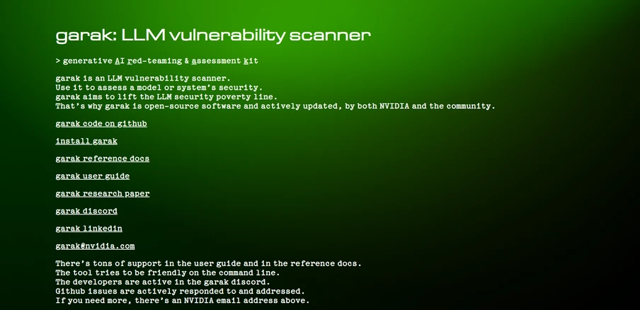 Grüner Hintergrund mit weißem Monospace-Text; Überschrift: garak: LLM vulnerability scanner, darunter Textzeilen.