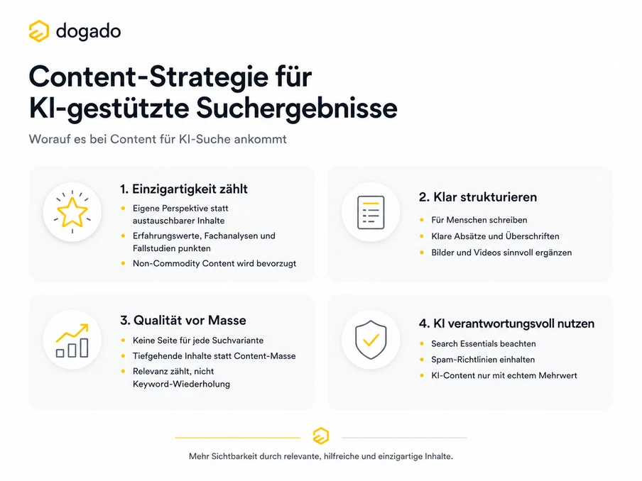 Screenshot einer Dogado-Seite: Titel Content-Strategie für KI-gestützte Suchergebnisse, vier Boxen mit Icons.