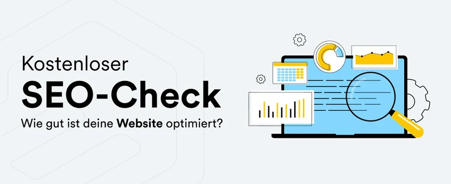 Banner mit Text 'Kostenloser SEO-Check' und Untertitel; rechts Monitor mit Diagrammen, Lupe und Zahnrädern.