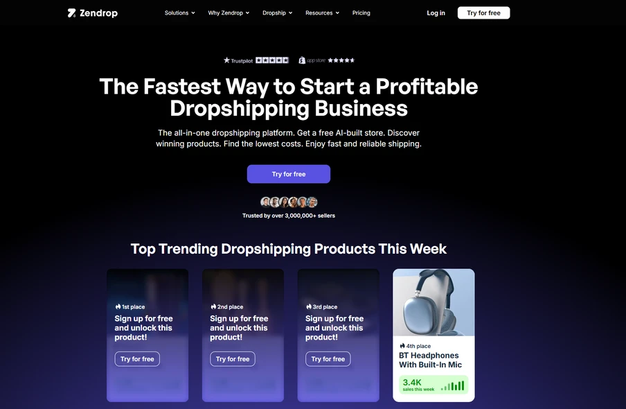 Dunkle Website mit weißer Überschrift, blauer Button Try for free, Top-Trending-Products-Sektion mit BT Headphones.