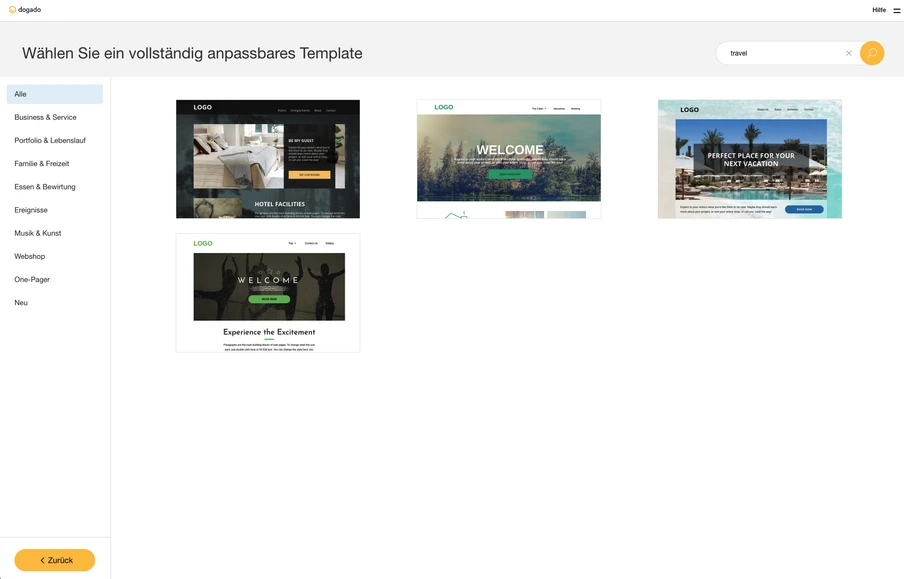 UI zur Template-Auswahl: linke Seitenleiste mit Kategorien, rechts mehrere Vorlagen-Vorschaubilder.