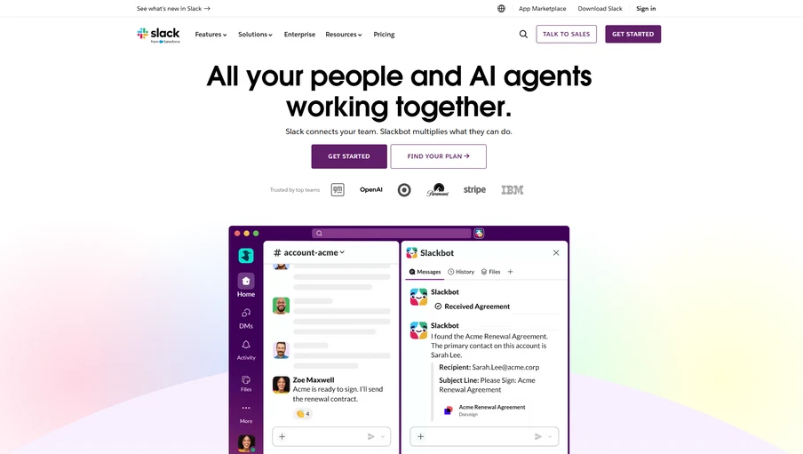 Slack-Startseite mit Überschrift All your people and AI agents working together, Logo oben, Menü und zwei Screenshots vor Farbverlauf.