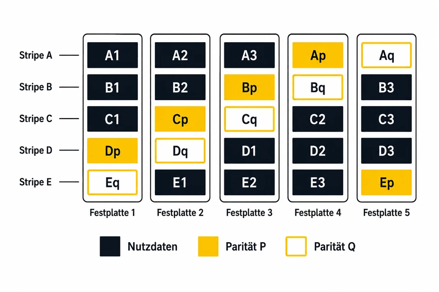 Fünf Festplatten mit Stripes A–E; dunkle Felder = Nutzdaten, gelbe Felder = Parität P, hellgelbe Felder = Parität Q.