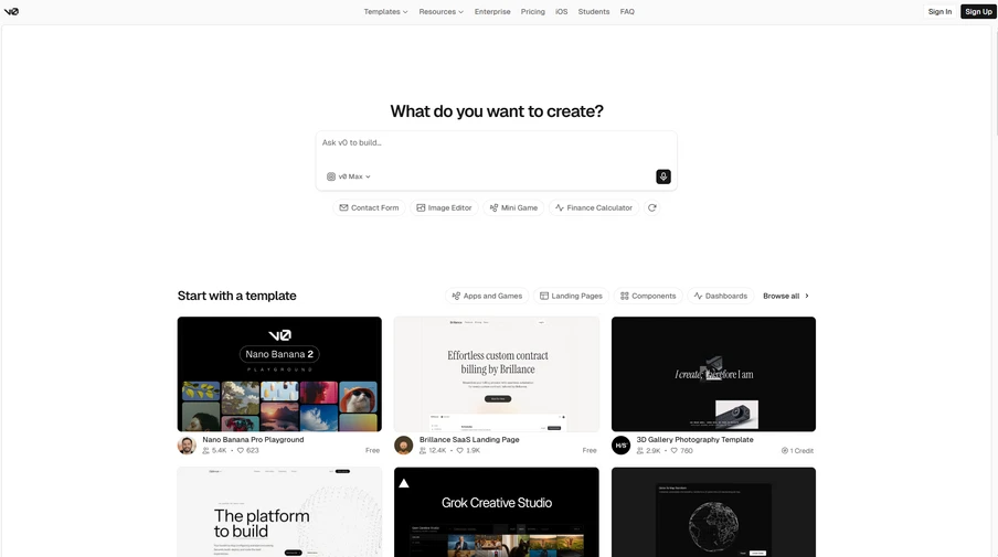 Screenshot einer Website-Startseite mit der Überschrift What do you want to create? und einem Vorlagen-Raster.