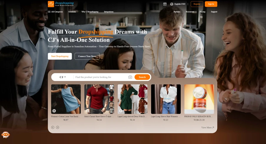 Gruppe von Menschen lächelt um einen Tisch; Website-Startseite mit Suchleiste und Produktkacheln, Bannertext über Dropshipping.