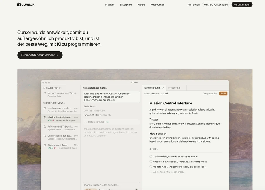 Screenshot einer Cursor-Webseite: Kopfzeile mit Navigation, Heldenbereich mit Text und Button Für macOS herunterladen.