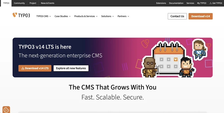 Screenshot einer TYPO3-Website: Logo, Navigationsleiste und Banner 'TYPO3 v14 LTS is here' mit Pixel-Charakteren.