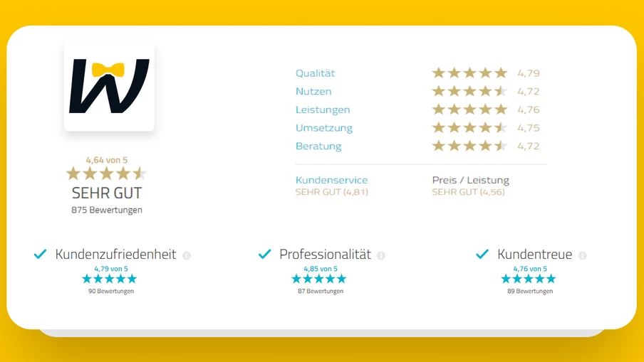 Weißes Bewertungs-Dashboard mit Logo links, Textliste und Sternenbewertungen; 'SEHR GUT' Bewertungen; gelber Rahmen.