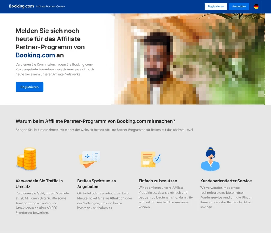 Blauer Booking.com-Header; Textbox mit Button, unscharfe Person vor Fenstern; vier Symbole (Münzen, Flugticket, Dokument, Kundenservice).